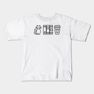 Cats, Books, & Coffee (Black Print) Kids T-Shirt